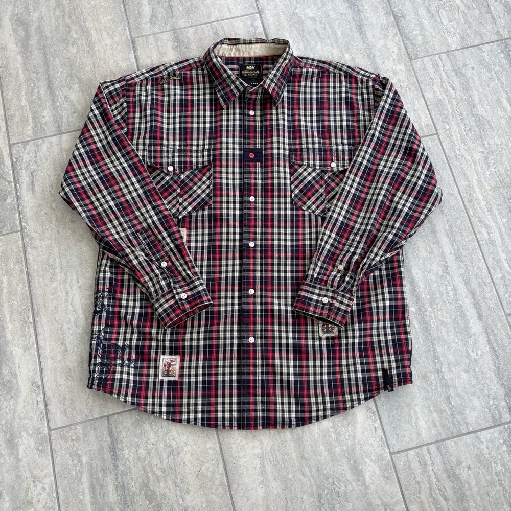 Akademiks Gold Rush Red Black Plaid Casual Shirt button down‎ patches embroidery